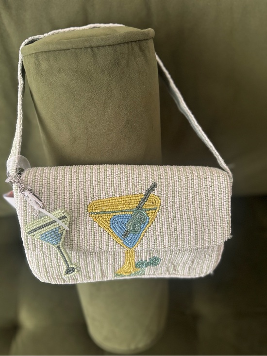 Handbags - Beaded Cocktail Clutch Shoulder Bag - Ivory with Yellow & Green Cocktail Motif